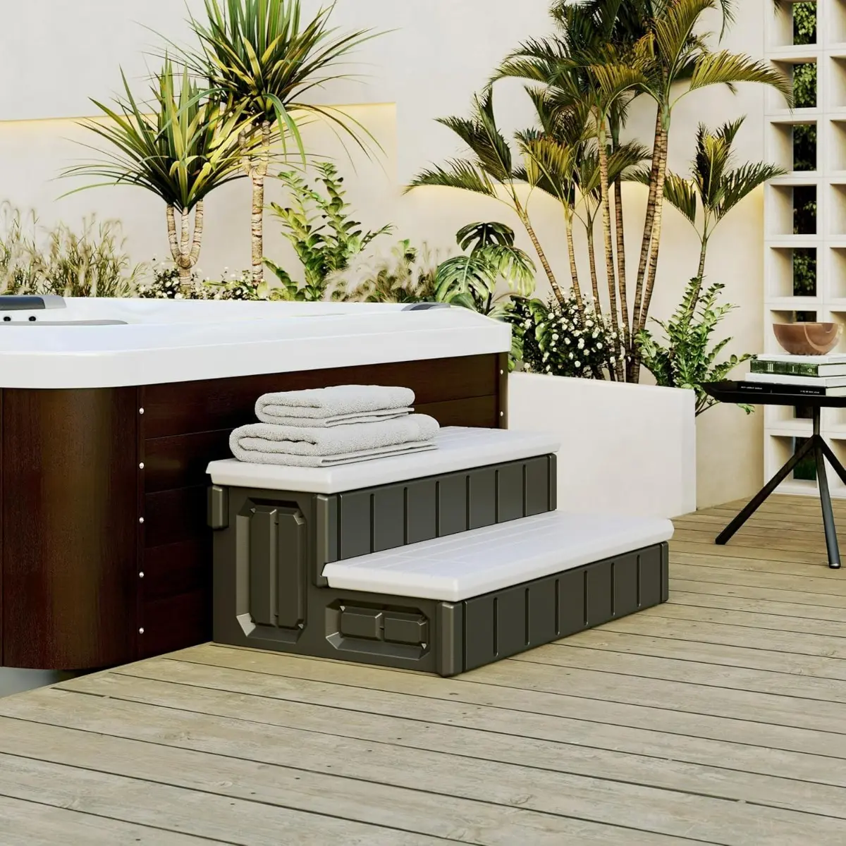 Universal 36’’ Spa Hot Tub Steps with Storage, 350lbs Load Capacity, Outdoor Indoor Compartment, Spa Stairs, Slip Resistant Striped, Light Gray+Black-TK