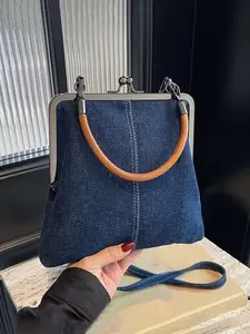 Niche denim patchwork design shoulder messenger bag, Fashionable crossbody bag, metal buckle closure shoulder bag, retro practical multi-color optional, suitable for daily commuting, shopping and dating