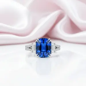 Split Shank Blue Sapphire Cushion Cut Three Stone Engagement Ring