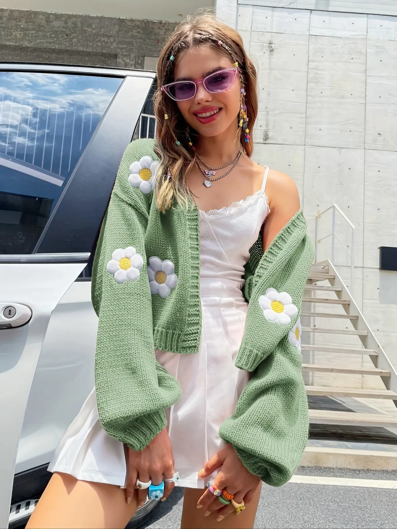 Women's V Neck Daisy Flower Floral Embroidered Knit Cardigan, Lantern Sleeve Soft Cropped Sweater Coat, Casual Fall & Winter