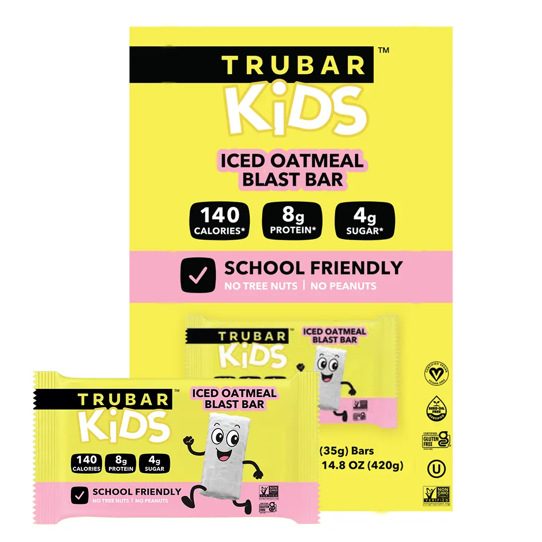 TRUBAR KiDS Vegan Protein Bar, Iced Oatmeal Blast Bar, Gluten Free, Plant Based Protein, Dairy Free, Non GMO, Soy Free, No Sugar Alcohols, 12 count Snack