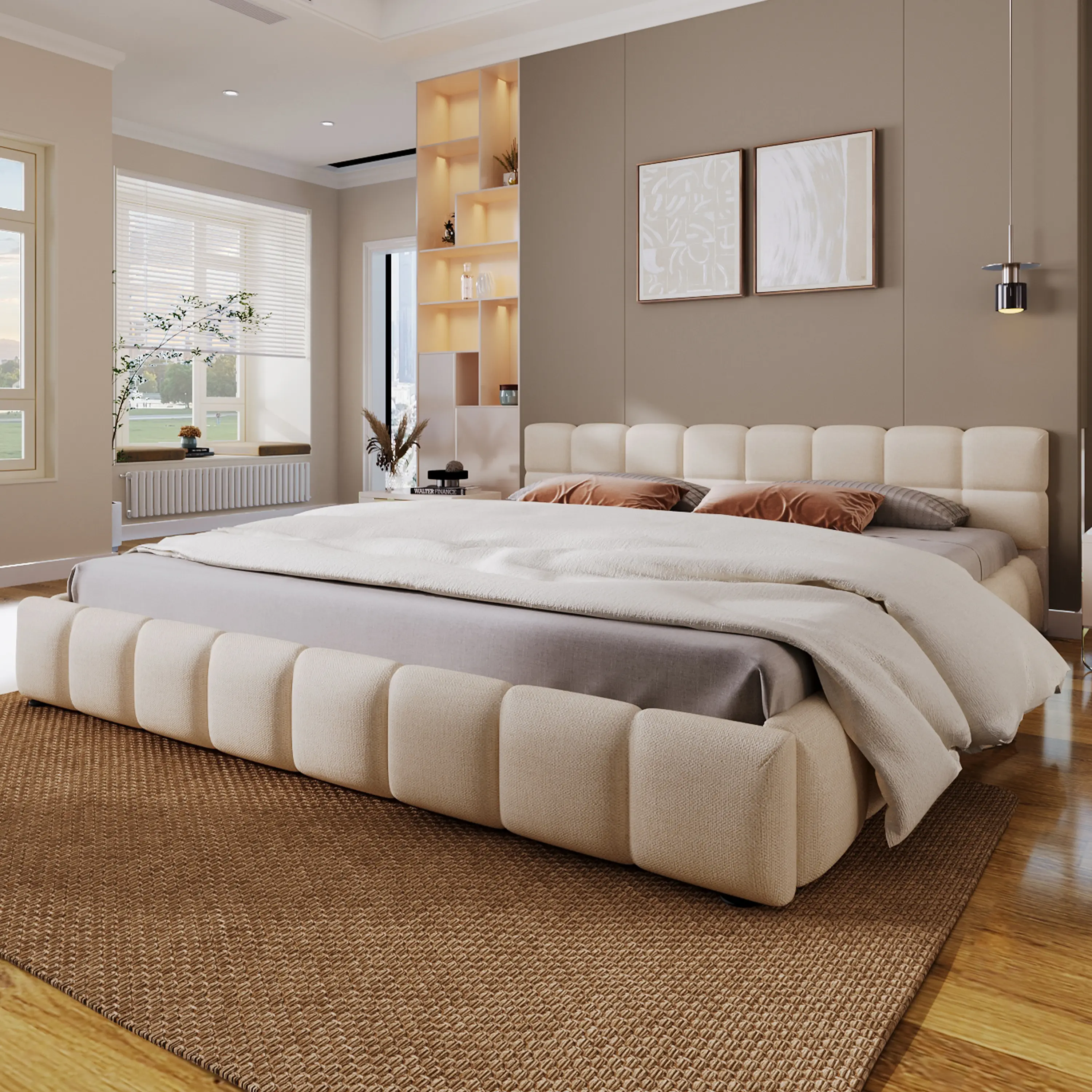 Modern Checkerboard Design Upholstered Bed – Soft Beige Chenille Fabric, Queen/King Size, Comfortable & Stylish Bedroom Centerpiece