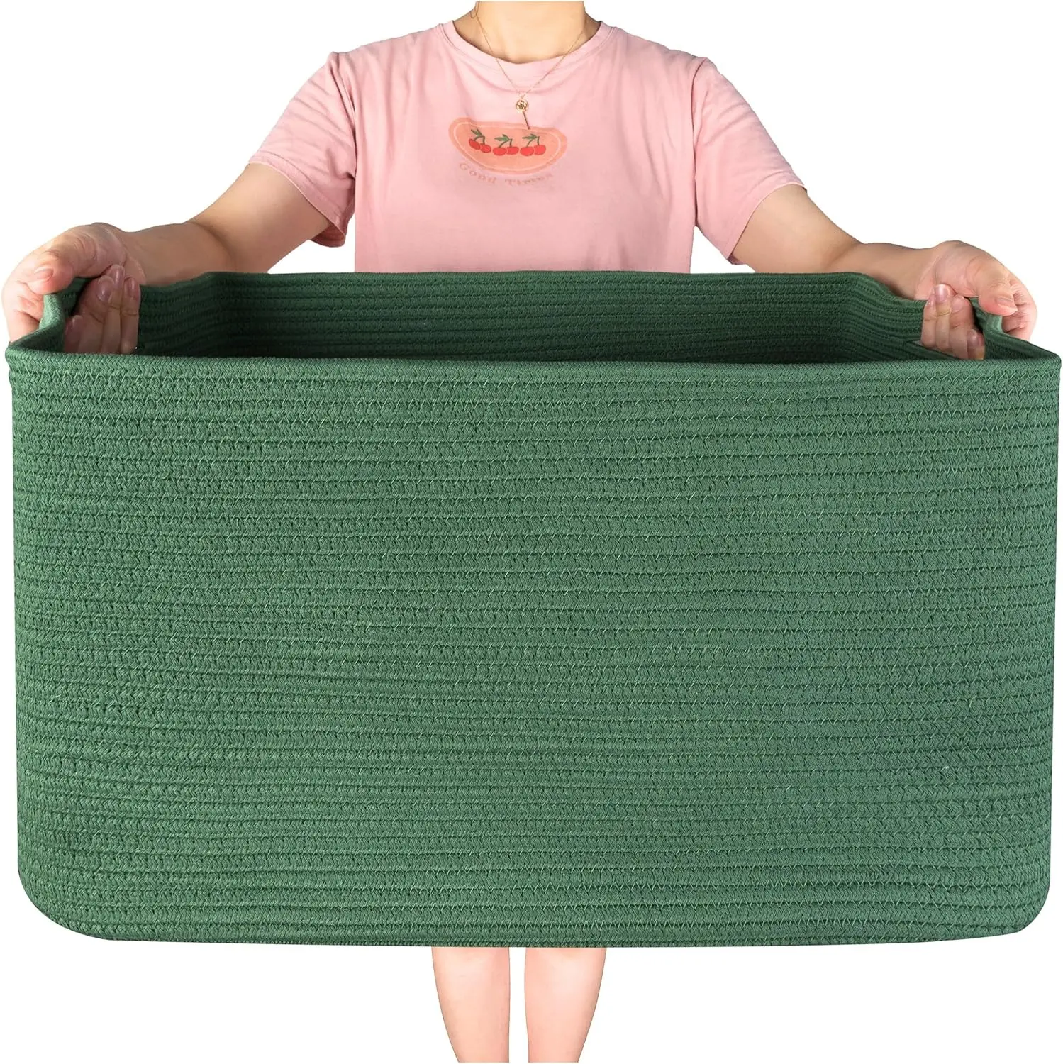 22 Inch Extra Large Blanket Basket Holder for Living Room, Rectangle Rope Woven Storage Basket with Handles - Laundry, Pool Towels, Shoes, Dog Toy Organizer Bin Box, Forest Green