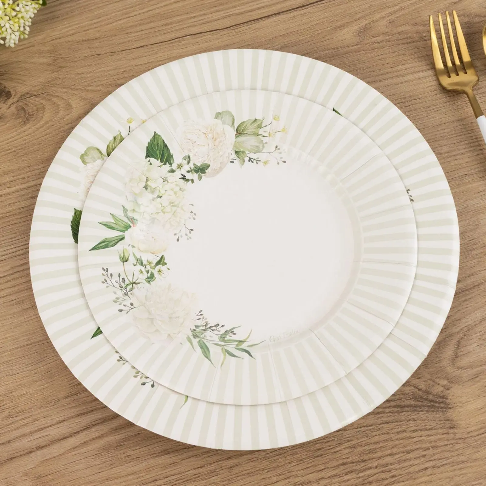 25-Piece Disposable 8" Round Paper Dessert Plate Set, White with Sage Green Floral Print & Lined Rim, Wedding Reception & Banquet Party Supplies, Banquets