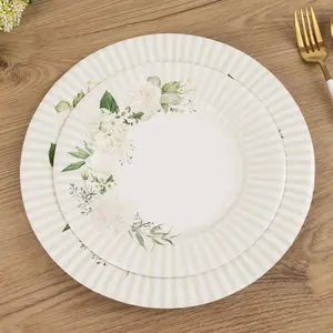 25-Pack Paper 8" Round Dessert Plates in White with Sage Green Floral Print & Lined Rim