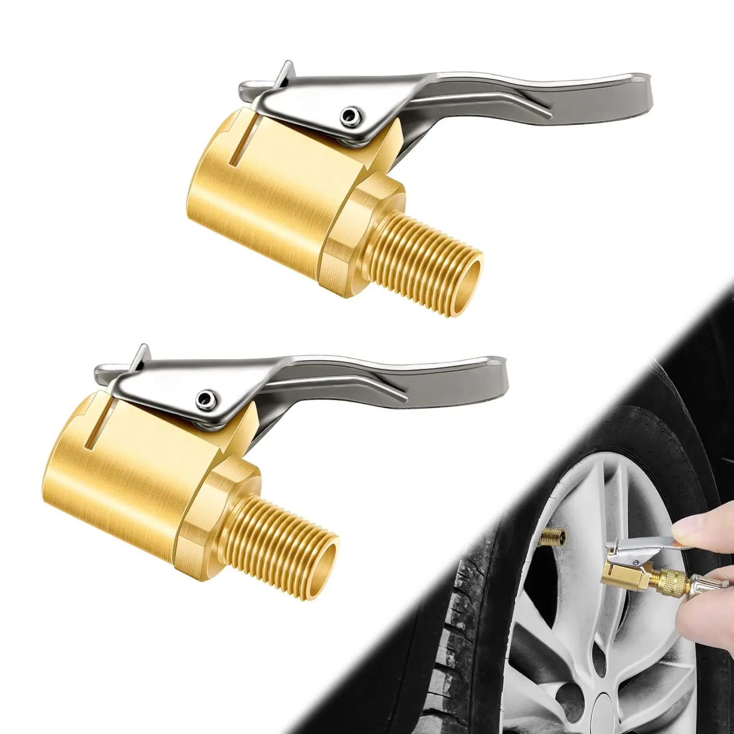 2 Pcs Tire Air Chuck with Clip Adapter, Brass Locking Auto Inflator Hose Nozzle, Universal Fit for All Vehicles - Practical Party Balloon Pump Connector & Men's Gift Favor#SummerWins#tiktokshopbacktoschool
