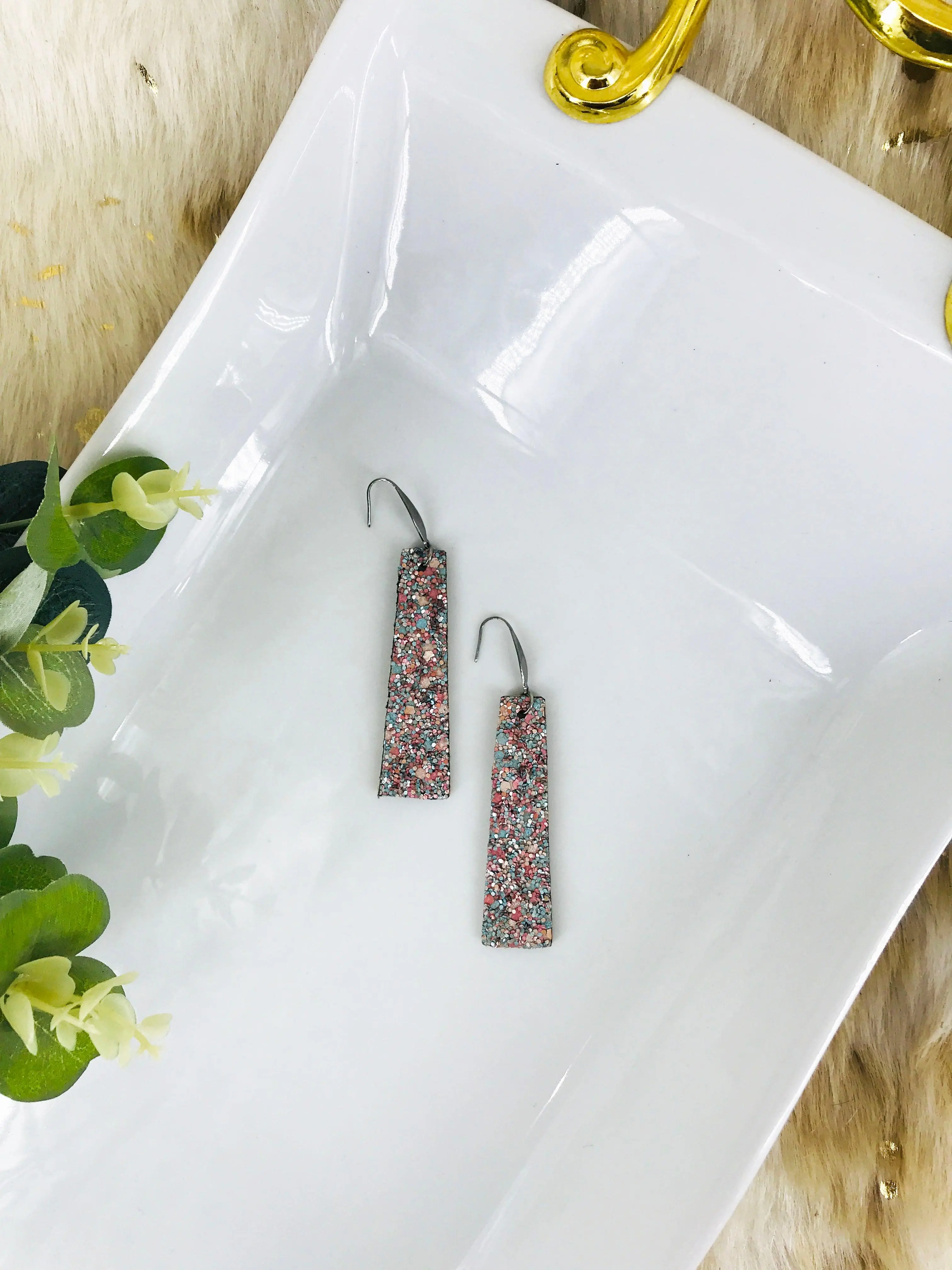 Aqua Mauve Chunky Glitter Leather Earrings - E19-2339