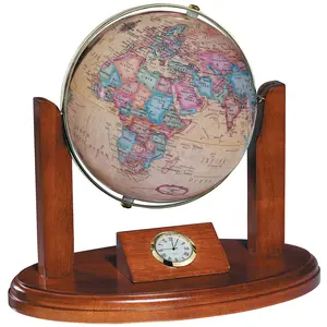 Replogle Made in USA Executive 6″ Antique Desk Globe with Quartz Clock - Premium Wooden Stand & Detailed World Map