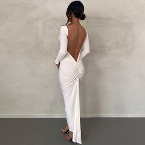 Solid Color Long Sleeve Backless Maxi Dress with Back Ruched Rear for Women Sexy Casual Elegant Bodycon Silhouette Autumn Winter Vacation Evening Events Outfit Dresses summerwins