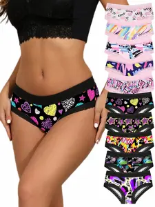 10-Pack Women's Colorful Print Panties Set, &, Comfortable Fashion, Sexy Design, Contrast Lace, All Seasons, Fitted, Drop Waist, Fashion Comfy Underwear