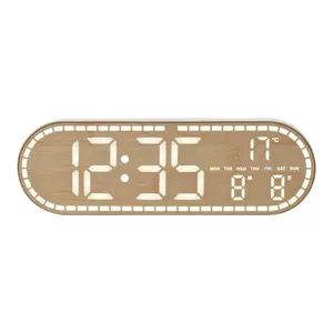 LED Digital Wall Clock Temperature Week Date 2 Alarms Wood Style Brightness Adjustment Timer Snooze Clock 12/24H USB Powered