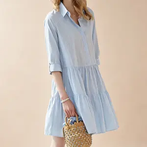 Women's Summer Striped Shirt Dress Half-Button Mini Cake Dress Loose Casual Rolled-Sleeve Design Layered Dress