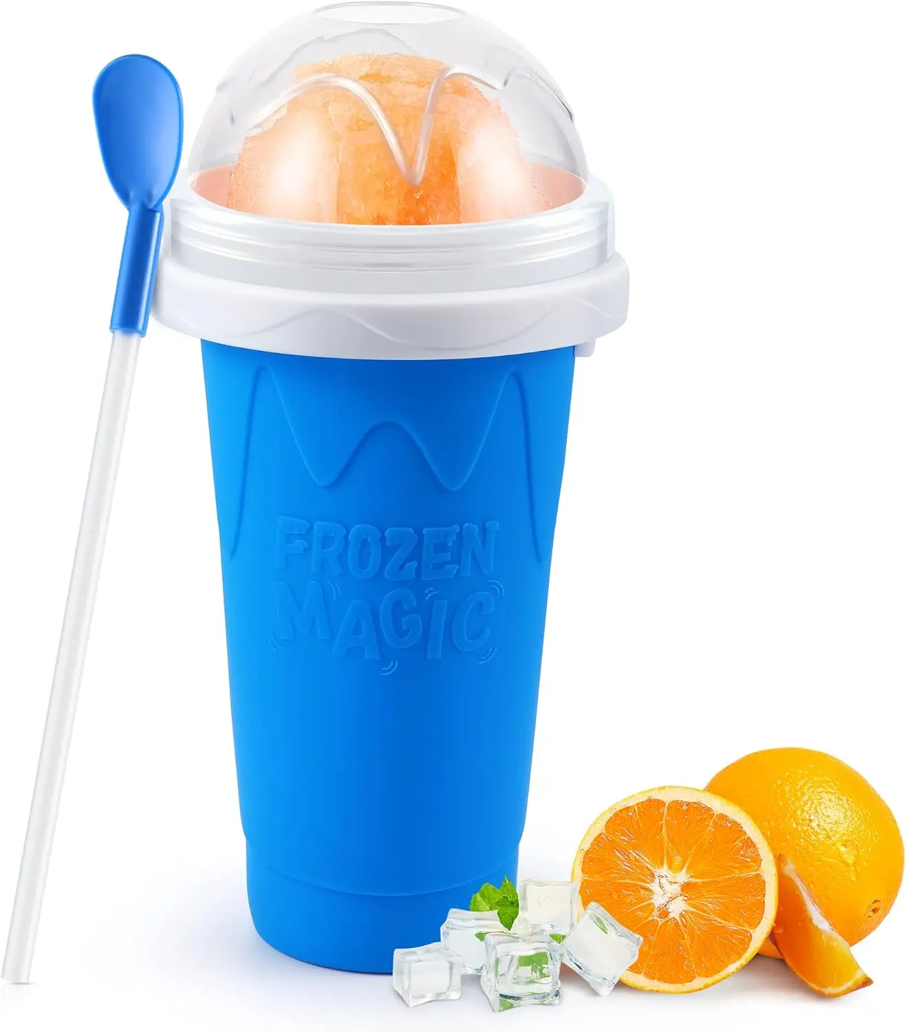 TM Commerce LLC Magic Squeeze Silicone Slushy Maker Cup - 350ml Blue Freezer-Safe Double Layer Cup, Includes Spoon & Straw, Reusable Kitchen Utensil for Slushies, Portable, Blue Slushy Cup