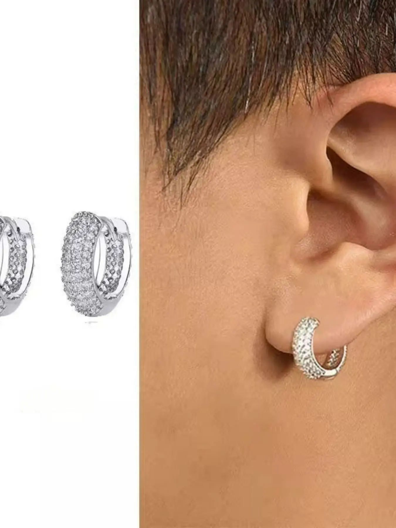 Neymar Style Full Diamond Silver Color Stud Earrings, Men's Luxury Ear Cuffs, Women's Hip Hop Street Jewelry, Trendy Fashion Accessories, High Quality Earrings
