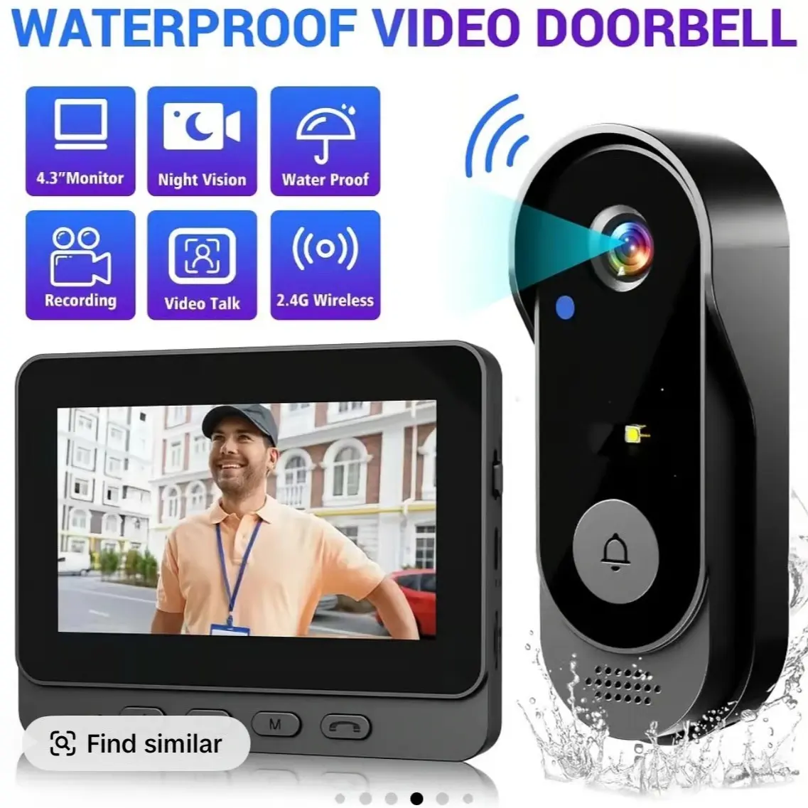 Wireless Video Doorbell with 4.3 Inch Color Screen, Night Vision, Waterproof Design, Long Battery Life, Supports Video Call & Two-Way Audio, Wifi Smart Doorbell