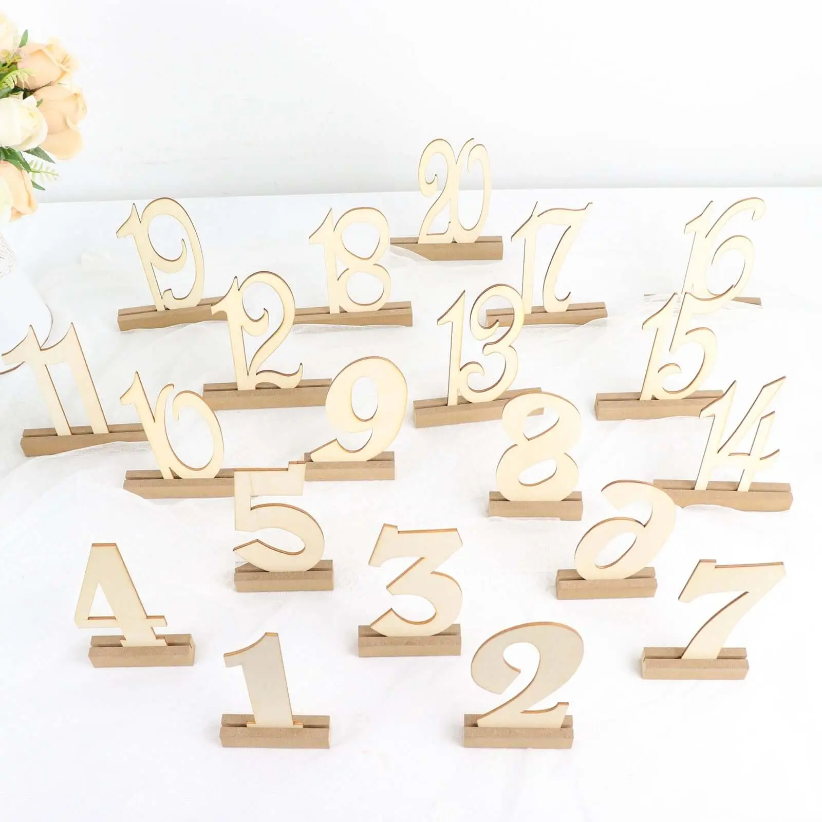 20-Pack Natural Wooden Wedding Table Numbers 1-20 with 6" Holder Base - Durable Rustic Plaque and Sign, Home Decor Products for Party, Anniversary, Indoor-Outdoor Event Decor Supplies