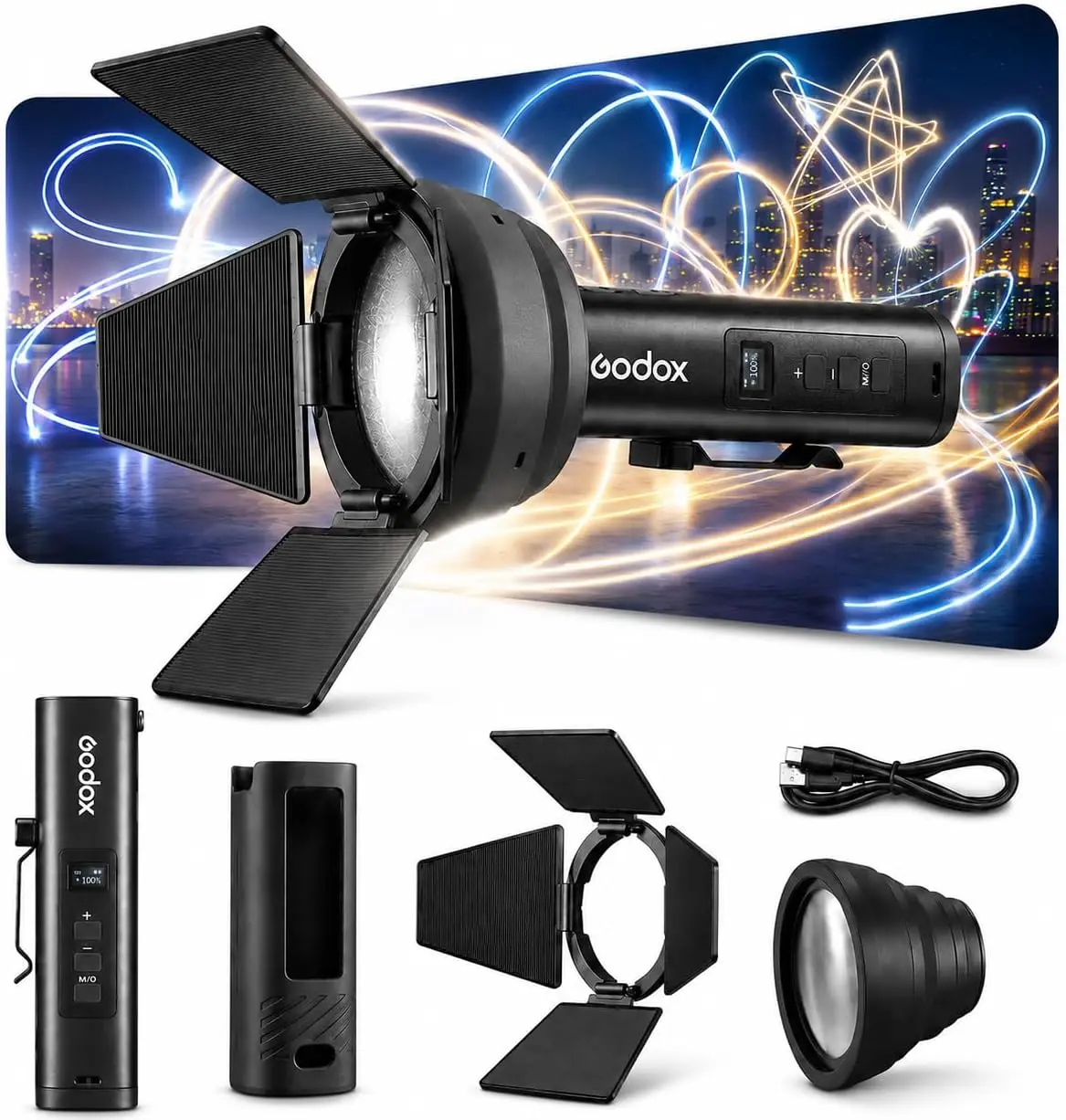 Godox FL15Bi 15W Bi-Color LED Video Flash Light, Portable Spotlight for Photography with Barndoors & Fresnel Zoom Lens, USB-C Charging 11 FX Effects for Vlogging, Light Painting, 4750mAh Battery, IP54