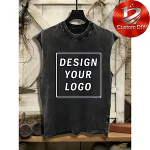 Summer Retro Customized Men's Training Sleeveless T-shirt Custom Design Your Own Logo Vintage Washed Black Sleeveless Tank Top, 100% Cotton Distressed Oversized Shirt for Men & Women, Personalized Streetwear for Gym, Running, Team Building, Corporate