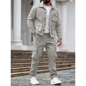 Men's Fall Winter Jacket Set with Cargo Pants, Casual Fitted Style, Long Sleeve Shirt, Large Pockets, Plain Two-Piece