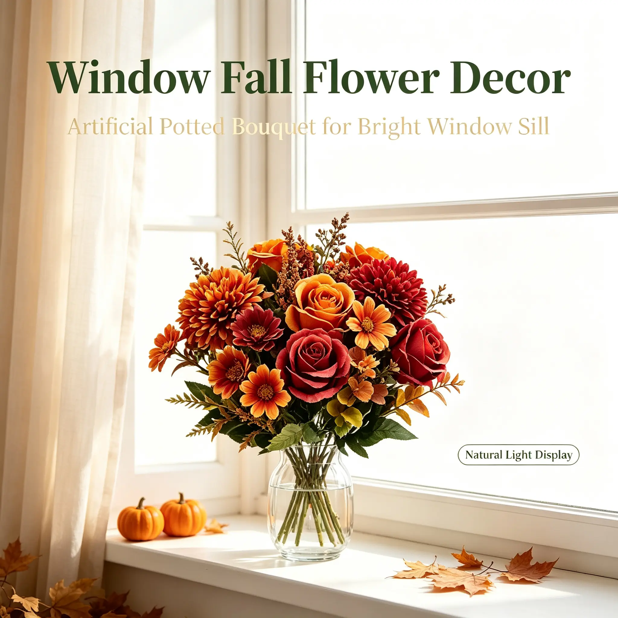 2pcs Artificial Fall Flower Bouquets, 12 Inch Autumn Rose Chrysanthemum Daisy Sorghum Mixed Floral Stems, Realistic Harvest Faux Flowers for Thanksgiving Halloween Table Centerpiece, Vase Filler, Home Porch Patio Garden Indoor Outdoor Autumn Decorations