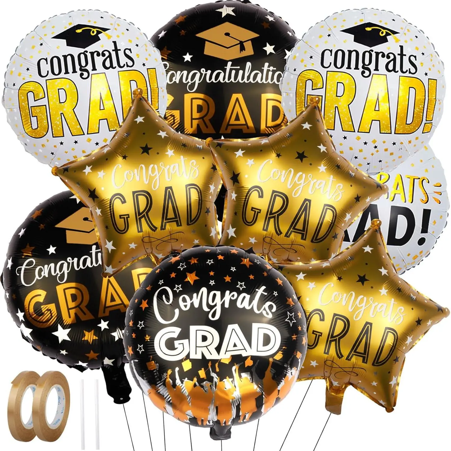 Class of 2026 Graduation Balloon Arch Kit - 18 in Large Mylar Foil Auto-Sealing Kit with Cap & Diploma Motifs, Black & Gold Balls, Rounded Edges, Classic Graduation/Grad Text, Straw, All Necessary Accessories for College Grad Party Decor, Congrats Gift