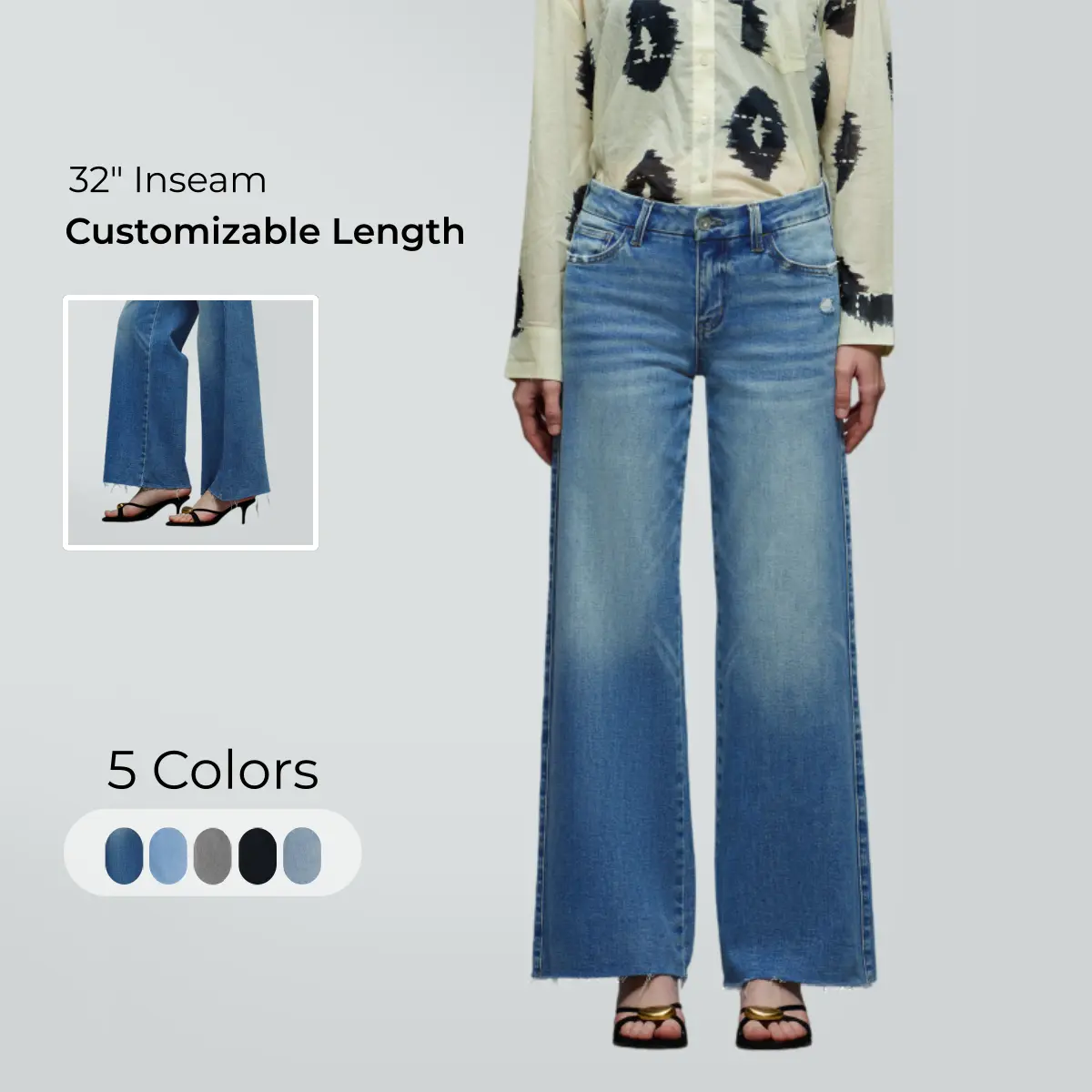 Vogatiques Stretchy BBL Jeans Wide Leg Distressed Raw Hem Mid Rise High Waist Denim Pants Customizable Length