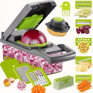 [16-In-1 Multifunctional Vegetable Chopper] Manual Food Slicer Dicer Vegetable Cutting Slicer with 8 Blades & Storage Container | Professional Onion/Carrot Chopper, All-Purpose Kitchen Prep Tool | Ideal Holiday Gift for Cooking Enthusiasts