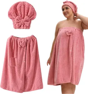 2026 Plus Size Bath Skirt & Shower Cap, Bath Towel Wrap and Shower Cap Set Plus Size, Adjustable Women Comfortable Spa Bathrobe, Oversized Body Wrap Button Design + Hair Drying Towel(Pink,XXX-L)