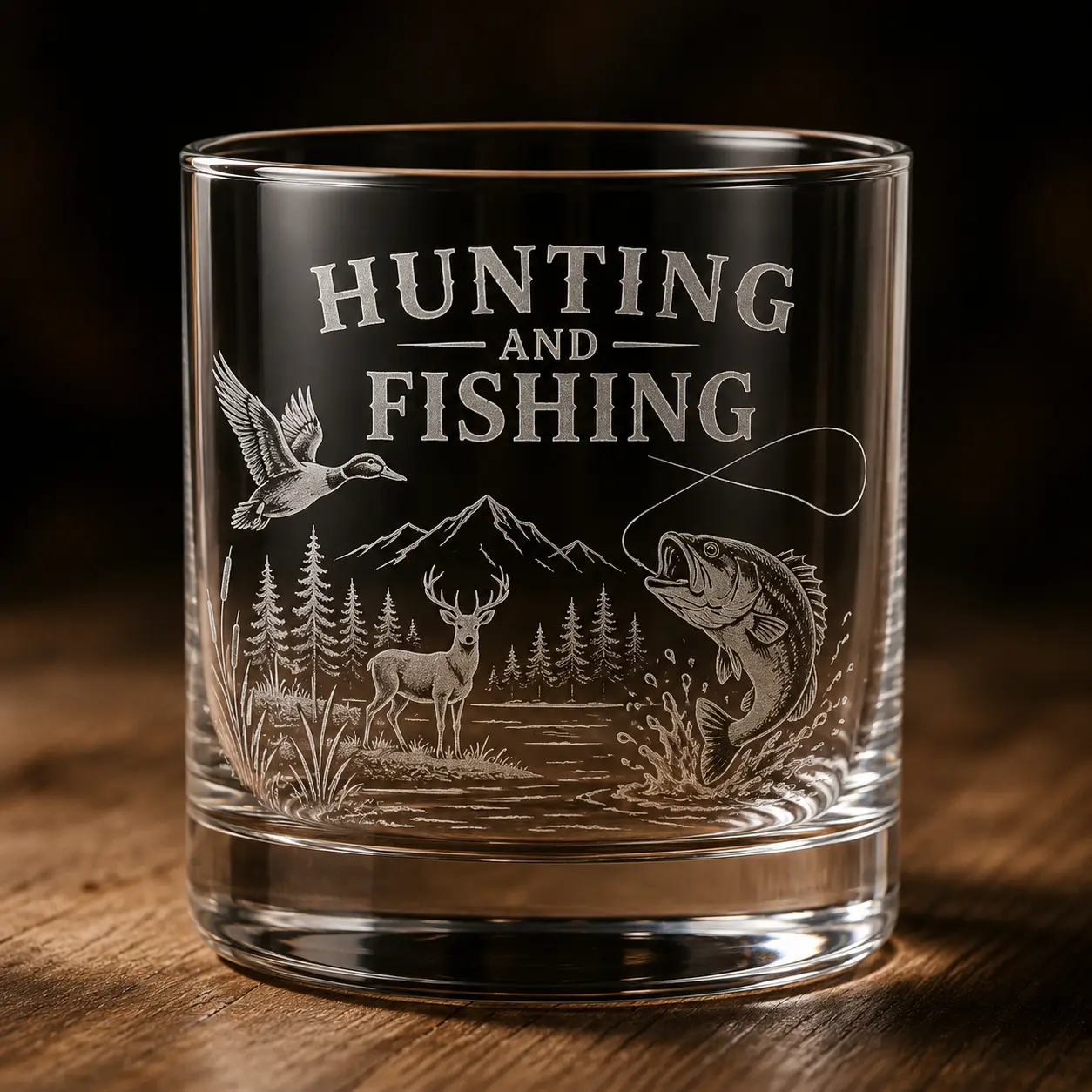 Personalized Hunting and Fishing Whiskey Glass, 11oz Whiskey Tumbler, Hunting Gift for Men, Fishing Gift for Dad, Custom Whiskey Glass, Deer Hunting Gift, Angler Gift, Outdoor Adventure Drinkware, Bourbon Glass, Birthday Gift, Father’s Day Gift