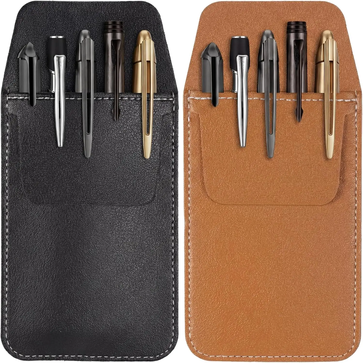 PU Leather Pockets Pen Holder Organizer, Pocket Protector Pouch Pockets Protector for Men Shirt Pen Pocket Holder Handcrafted from Soft Faux Leather for School Office Hospital(Brown, Black) 2 PCS