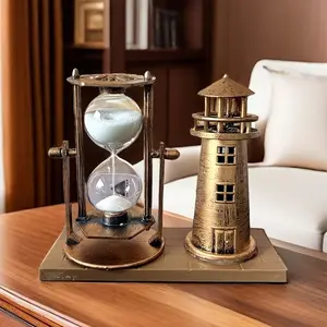 Vintage Copper Color Lighthouse Sand Timer Ornament, Retro Office Home Desk Decoration, 3D Desktop Decor Gift for School Season, Decorative