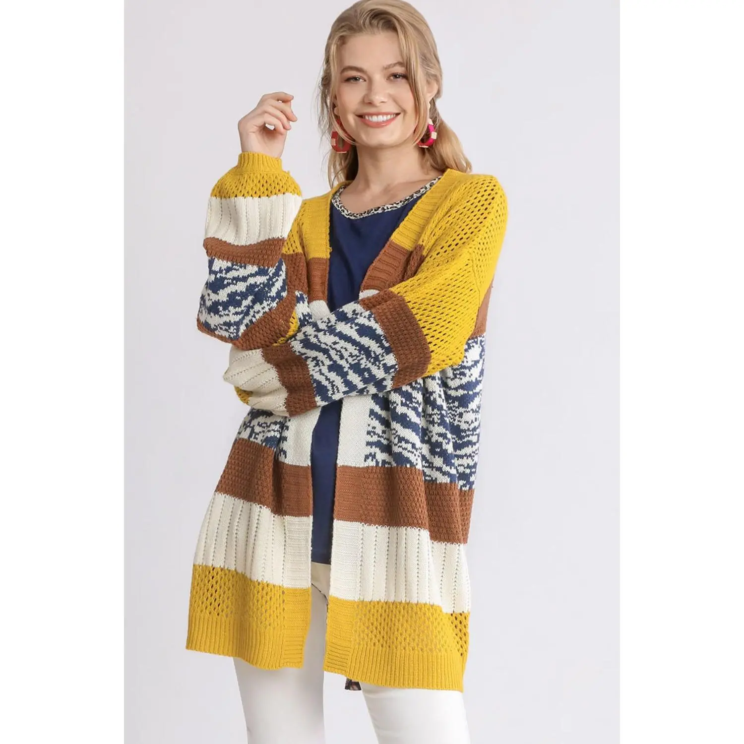 Umgee Full Size Color Block Open Front Longline Cardigan Plus Size