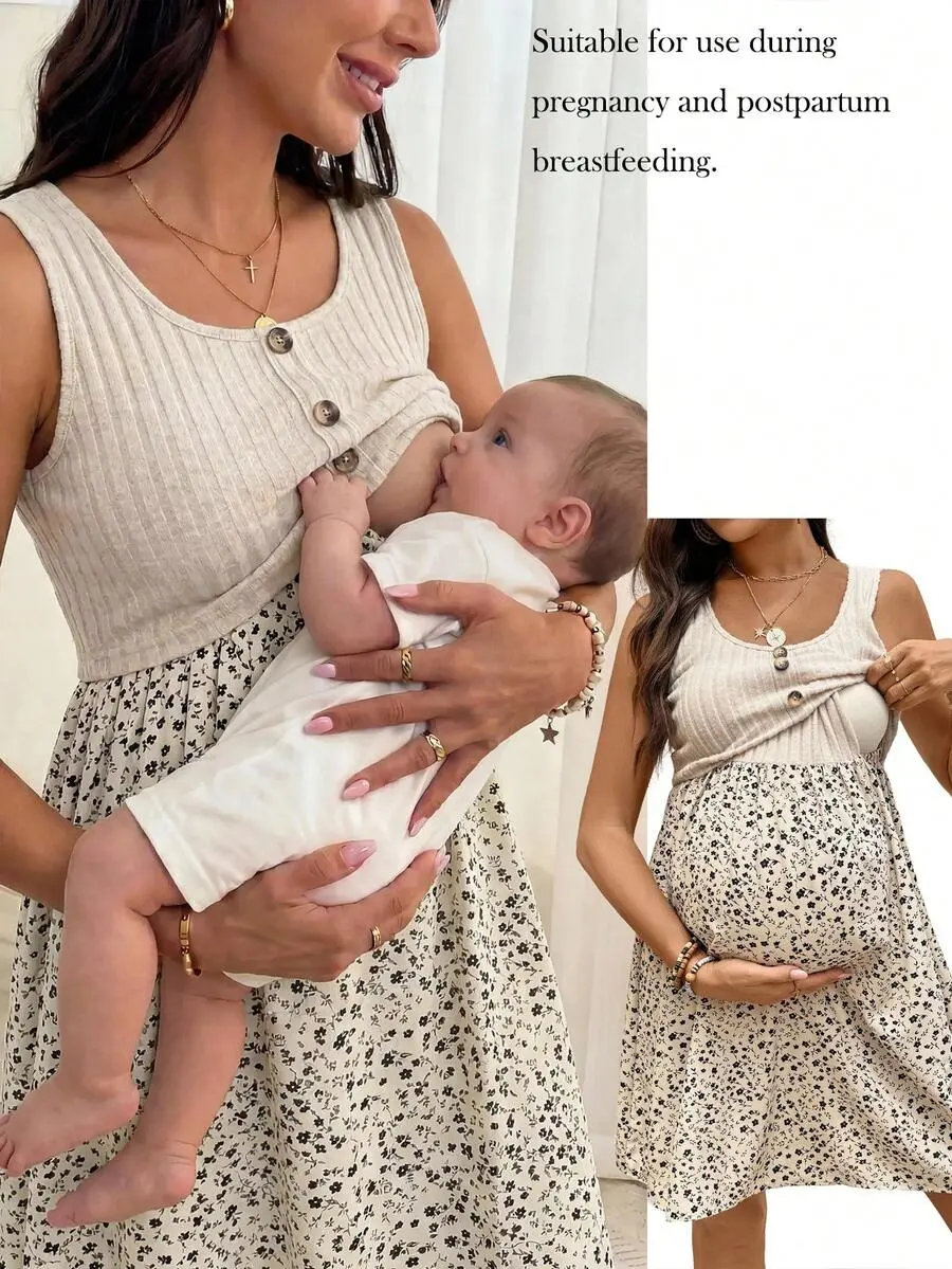 AVENO Cream Yellow Floral Patchwork Round Neck Sleeveless Front Center Fake Placket Maternity Nursing Dress Summer Dresses For Women