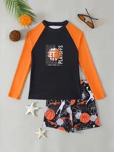 2-piece printed basketball-themed swimwear set for boys, Tween swimsuits, colour-blocked long-sleeved sun-protective top + boxer-style swim shorts, UV protection, quick-drying, sporty style, perfect for summer beach days, surfing, swimming
