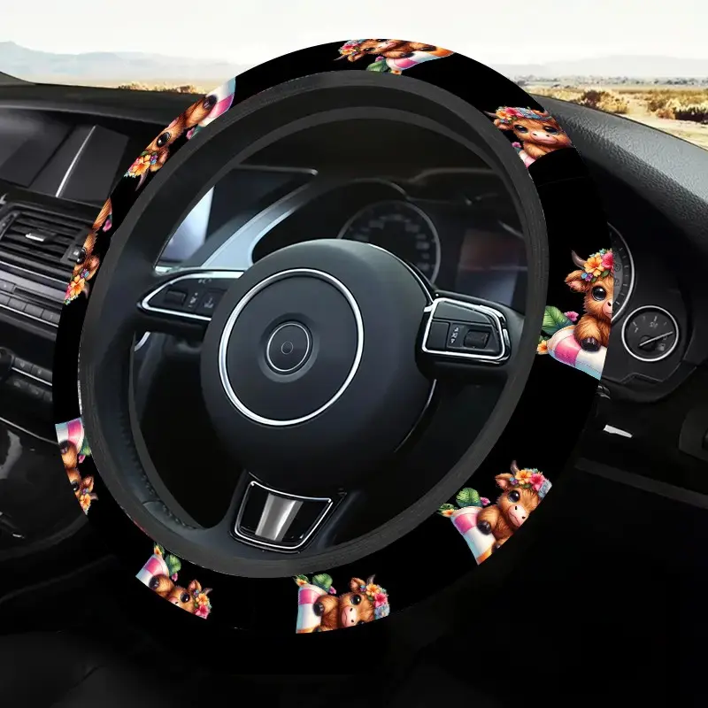 1pc 1.6 x 15 inch Highland cattle Pattern car steering wheel cover, Steering wheel protector, non-slip and comfortable, car interior accessory, Car Accessories, no inner ring, easy install & remove, suitable for all car models, 1.20CYJ-4