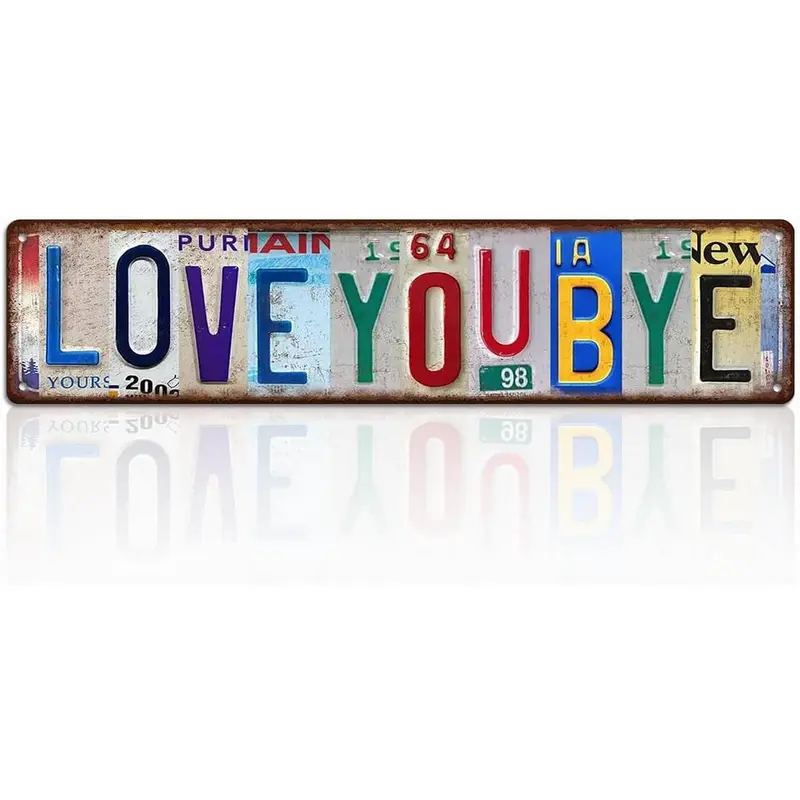 Metal Tin Decorative "Love You Bye" Hanging Wall Plaque - 16x4 In Iron Home Accessory, Aesthetic Room Decoration, Romance Wall Art, Easy Install Entryway Decor (Nail-Installable)