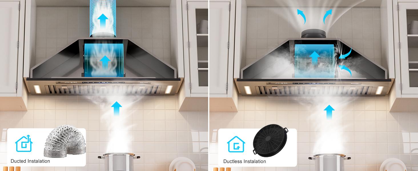 BRANO Range Hood Insert 36 Inch, 900 CFM Voice/Gesture/Touch Control Build-in Kitchen Hood Vent with 4 Speed Exhaust Fan, Memory Mode, Adjustable Lights, Ducted/Ductless Convertible