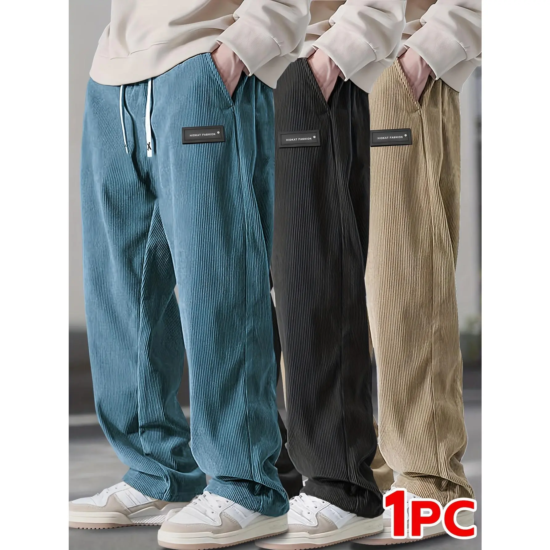 1PC New Spring/Summer men's corduroy casual pants—solid-colored with drawstring pockets, breathable and comfortable, perfect for everyday wear