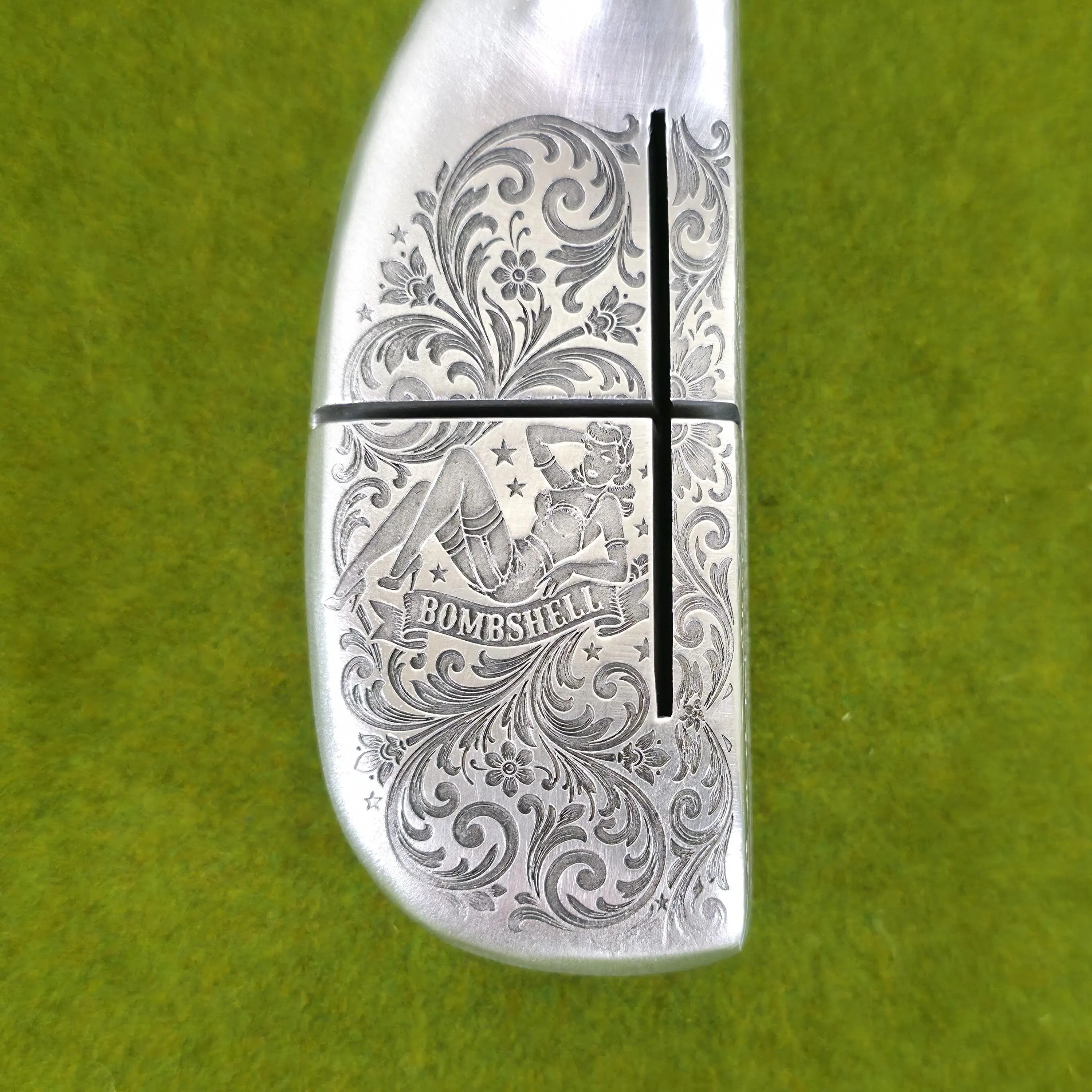 Custom Engraved Retro Metal Ben Hogan Vintage Blade Putter with Bombshell Pin-Up Scrollwork, Engraved Art Golf Gift Idea