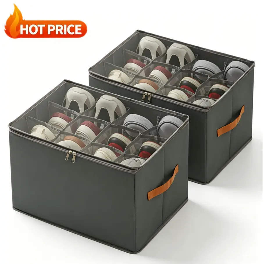 Premium Foldable Shoe Storage Organizer Box Bin Collapsible Fabric Shoe Bin Clear Cover Adjustable Dividers Sturdy Reinforced Handles Space Saver Multifunctional Household Shoe Storage for Indoor Use