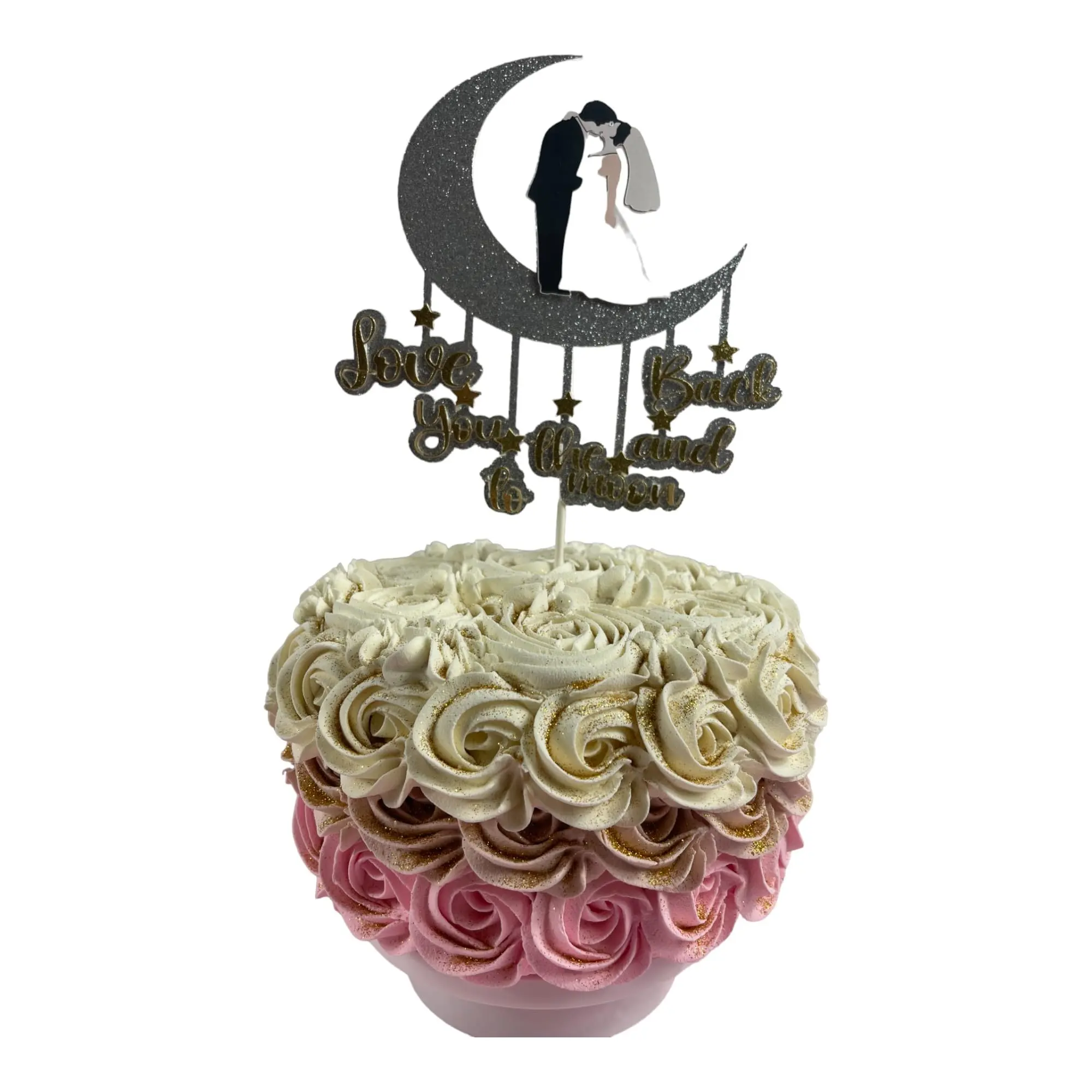 Creativity Shimmers Love You To The Moon And Back Wedding, Engagement Cake Topper Multilayered Black & Gold Glitter Design,  Light, Multicolor, Smooth