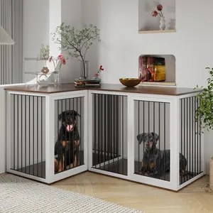Dog Crate Furniture for 2 Dogs, 79.1" Large Dog Kennel Furniture with Dividers and Double Doors, All Steel Frame Double Dog Crate, 41.7" L X 22" W X 30.3" H, 37.4" L X 22" W X 30.3" H (White)