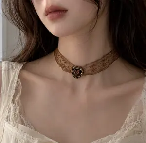 Vintage Lace Heart Choker Necklace for Women | Romantic Gothic Aesthetic Neck Jewelry Elegant Chain Golden Tone Chain