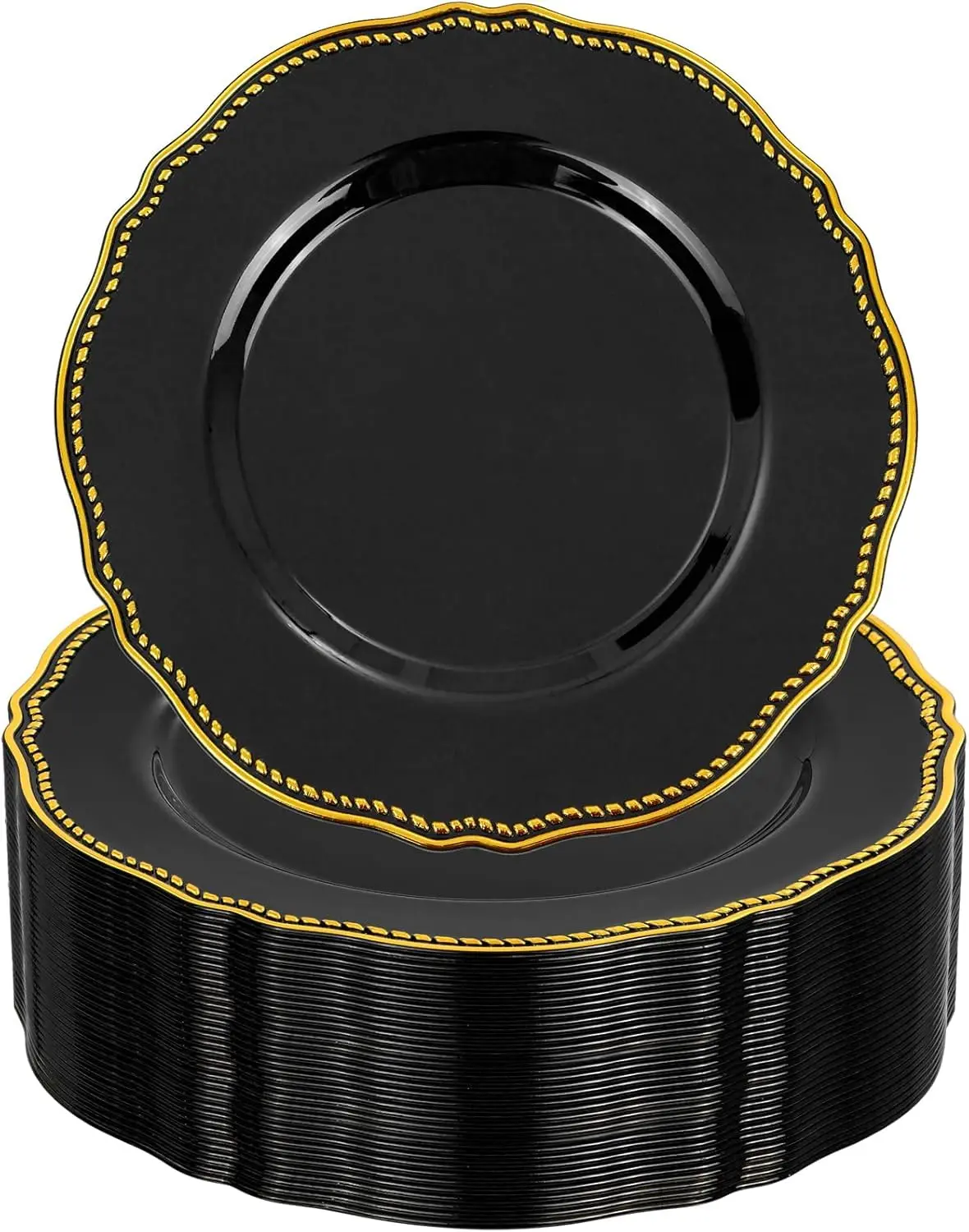 60Pcs Round Black Gold Rim Disposable Dessert Plates - 7.5In Heavy-Duty Plastic Party Serving Plates with Box for Halloween, Wedding, Holiday Decor