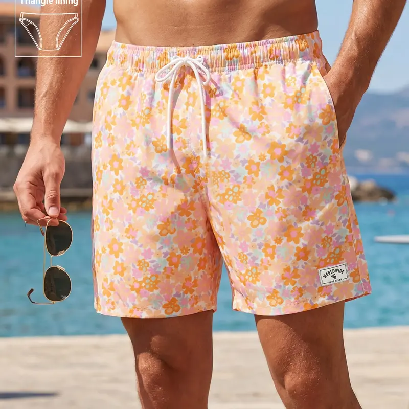 Men's Beach Shorts, Summer Beach Trunks, Loose Fit Swim Trunks, Quick Dry, Full Print, Printed Swim Trunks, Triangle Lining, Casual A-Type, Elastic Waist, Short Pants for Vacation Parties, Swimming Trunks, Swimwear Shorts