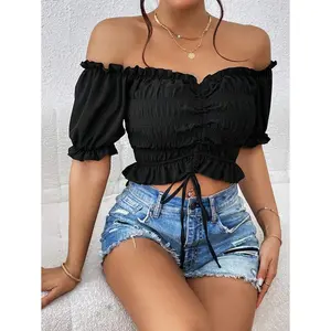 Off Shoulder Frill Trim Drawstring Front Crop Blouse