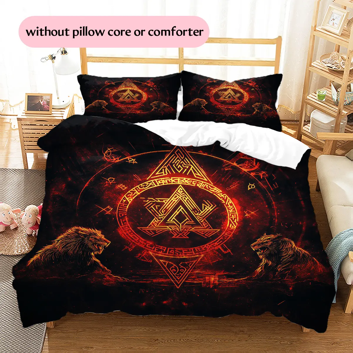 Viking Rune Lion  Printed bedding set, duvet cover and pillowcases, home decor, Christmas decoration, bedroom duvet cover, Christmas gift, birthday gift (1 * duvet cover + 2 * pillowcases,