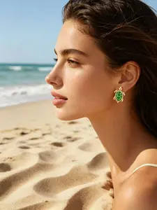 Cute Green Sea Turtle Stud Earrings for Women, Gold Plated Enamel Tortoise Earrings with Rhinestone Accent, Ocean Animal Jewelry for Daily & Summer Wear