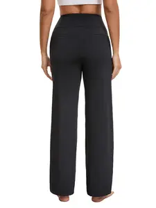 Women's yoga pants, wide-leg pants, pants with pockets and high-waisted elastic dress, casual sportswear pants