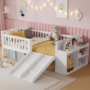 Twin Size Low Loft Bed for Kids with Slide, Movable Bookshelf Storage, Guardrails, Low Loft Bed Frame for Kids,White (Expect Arrival Date 2026/4/3 )